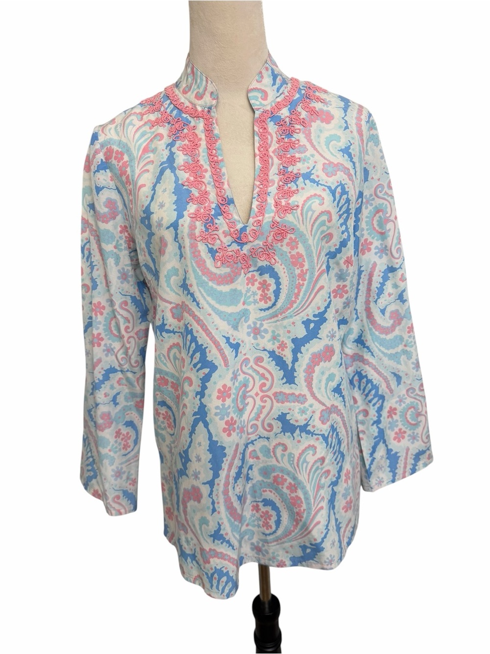 J. McLaughlin Pink & Blue Paisley Embroidered Silk Cotton Summer Tunic